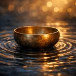 Nahaufnahme einer goldenen Klangschale auf dunkler Oberfläche, umgeben von sanften Wasserwellen, die sich kreisförmig ausbreiten, mit warmem Licht und unscharfem Hintergrund.