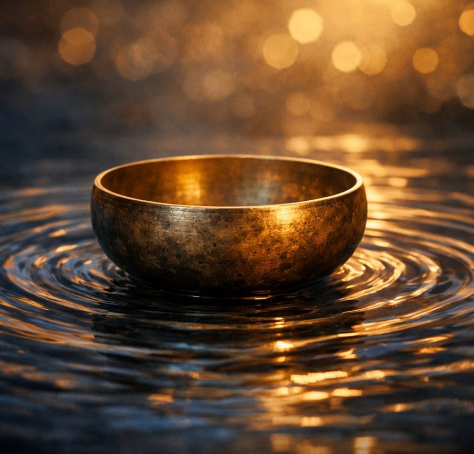 Nahaufnahme einer goldenen Klangschale auf dunkler Oberfläche, umgeben von sanften Wasserwellen, die sich kreisförmig ausbreiten, mit warmem Licht und unscharfem Hintergrund.