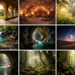 Collage aus ruhigen Natur- und Kraftorten wie Klosterhof, Salzhöhle, Bienenstöcke, Wasserfall, Höhlenlandschaft, Wüstennacht und moosreicher Wald im warmen Licht