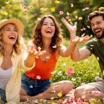 Drei Freunde lachen im sonnigen Park und werfen bunte Blütenblätter in die Luft.