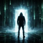 Eine Person steht vor einer halb geöffneten Tür aus digitalem Licht, während hinter ihr ein komplexes Netz aus Symbolen, Bildschirmen und Strukturen eine metaphorische Matrix darstellt.