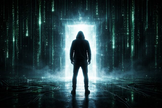 Eine Person steht vor einer halb geöffneten Tür aus digitalem Licht, während hinter ihr ein komplexes Netz aus Symbolen, Bildschirmen und Strukturen eine metaphorische Matrix darstellt.