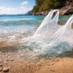 Biologisch abbaubarer Plastikbeutel löst sich im Meerwasser auf, liegt teilweise im flachen Wasser am Sandstrand, im Vordergrund eine Muschel.