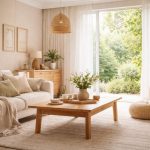 Minimalistischer, aufgeräumter Raum mit viel natürlichem Licht, warmen Materialien und wenigen ausgewählten Möbeln, der eine ruhige und klare Atmosphäre ausstrahlt.