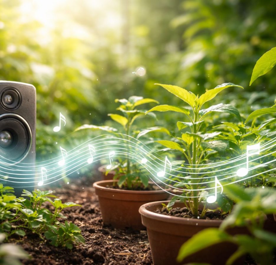Grüne Topfpflanzen in einem lichtdurchfluteten Gewächshaus, neben einem Lautsprecher, aus dem symbolisch Schallwellen in Richtung der Pflanzen dargestellt sind.