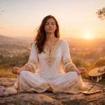 Junge Frau in weiß-goldenem, spirituell wirkendem Kleid sitzt im Schneidersitz auf einem Felsen und meditiert bei Sonnenuntergang; neben ihr stehen Kerzen, Bücher, ein Räucherstäbchen und eine Gitarre, im Hintergrund weite Hügellandschaft.