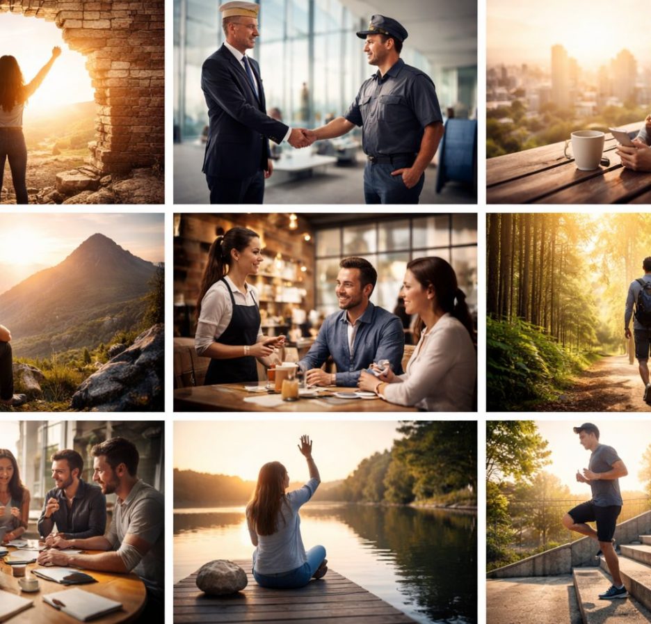 Ein symbolisches, ruhiges Querformat-Bild mit verschiedenen visuellen Elementen, die persönliche Entwicklung, Selbstreflexion und innere Stärke darstellen – darunter Licht und Schatten, Wege, einzelne Figuren und abstrakte Formen.