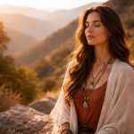 Frau mit geschlossenen Augen steht in warmer Abendsonne in einer bergigen Landschaft und wirkt ruhig und gesammelt.