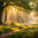 Sanftes Sonnenlicht fällt durch hohe Bäume in einem ruhigen Wald und beleuchtet den Boden in warmen, natürlichen Farben.