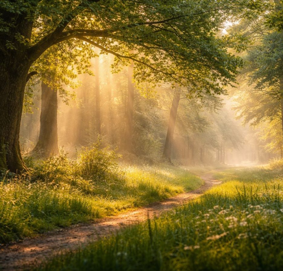 Sanftes Sonnenlicht fällt durch hohe Bäume in einem ruhigen Wald und beleuchtet den Boden in warmen, natürlichen Farben.