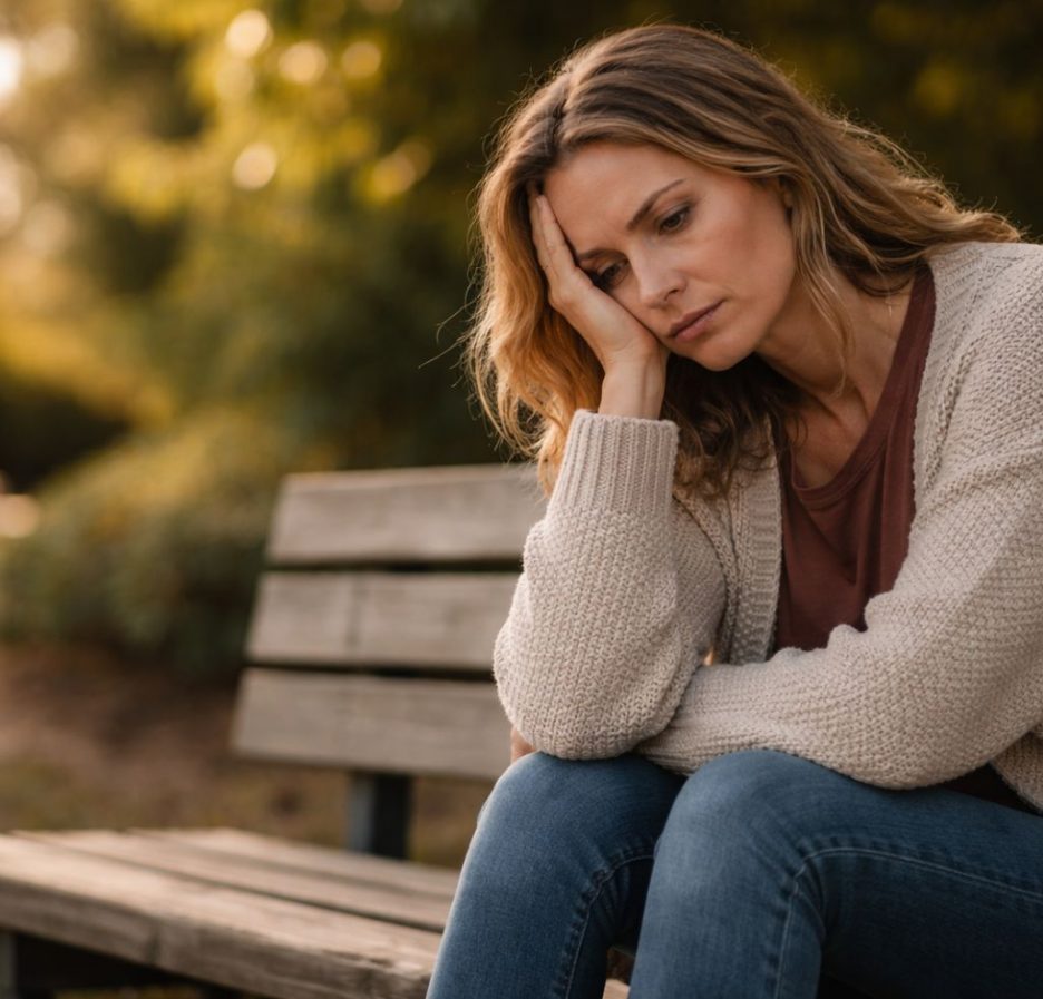Nachdenkliche Frau sitzt allein auf einer Parkbank im warmen Abendlicht und stützt ihren Kopf in die Hand.