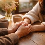 Zwei Menschen halten sich an einem Holztisch in einem Café die Hände, während warmes Sonnenlicht eine ruhige und wertschätzende Atmosphäre schafft.