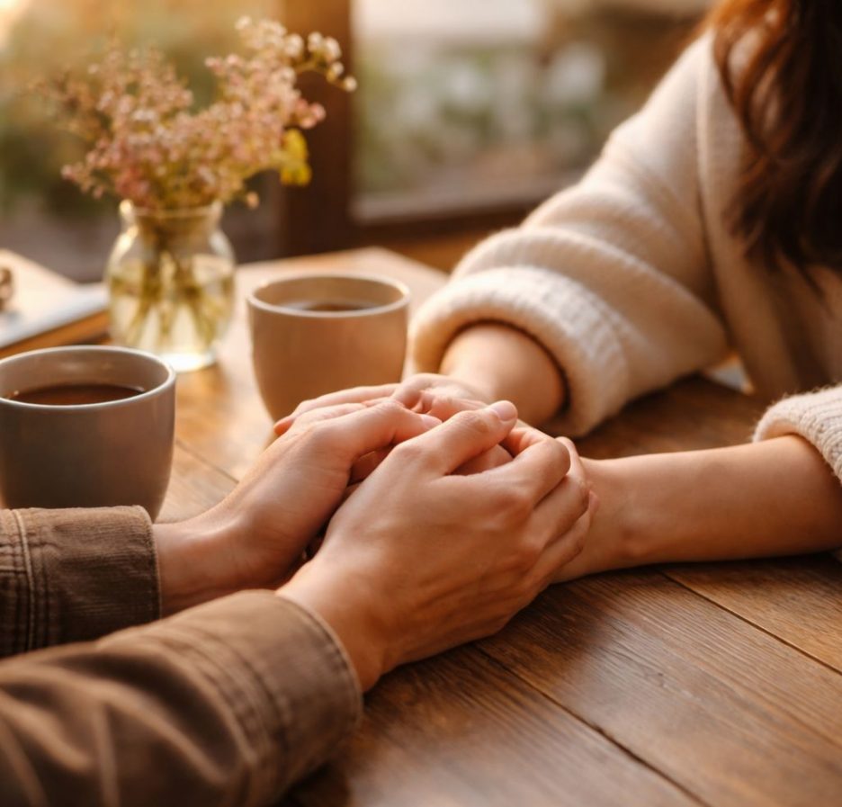 Zwei Menschen halten sich an einem Holztisch in einem Café die Hände, während warmes Sonnenlicht eine ruhige und wertschätzende Atmosphäre schafft.