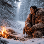 Ein indigener Jäger bewegt sich in einer verschneiten Winterlandschaft, gehüllt in traditionelle Fellkleidung, während kalter Wind über offene Ebenen weht.