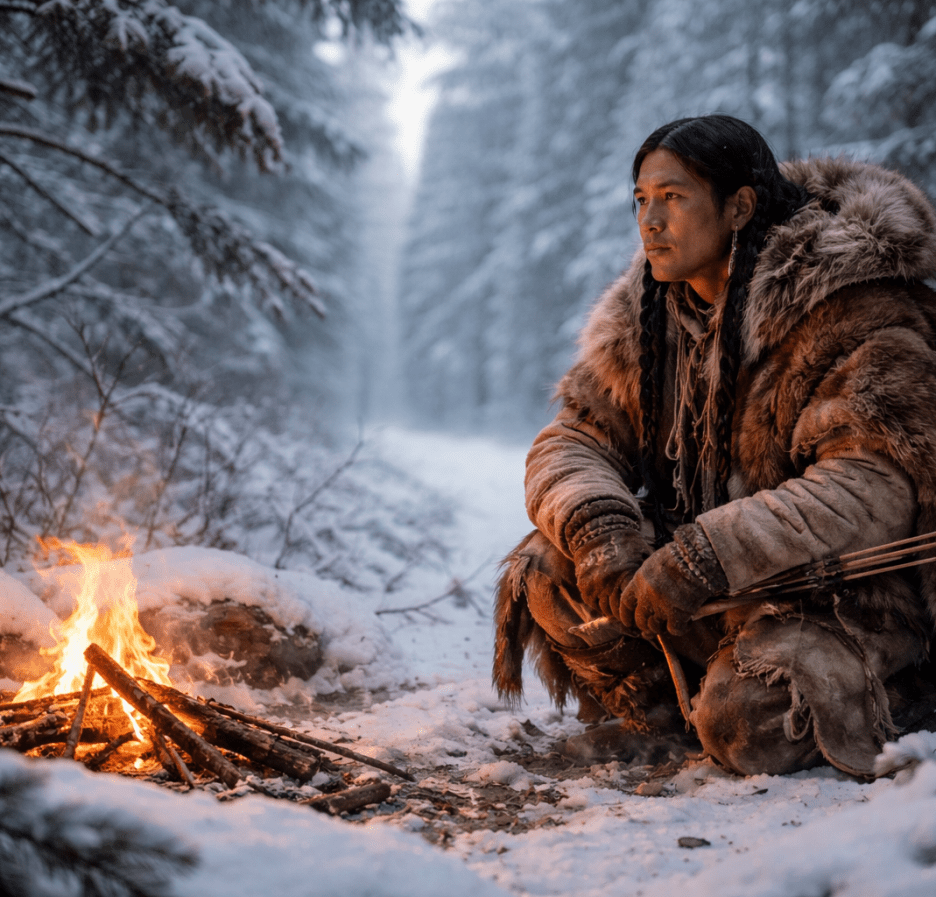 Ein indigener Jäger bewegt sich in einer verschneiten Winterlandschaft, gehüllt in traditionelle Fellkleidung, während kalter Wind über offene Ebenen weht.