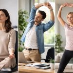 Drei Personen im Büro führen kurze Ausgleichsübungen durch: eine meditiert im Sitzen, eine dehnt sich am Arbeitsplatz und eine macht eine intensive Bewegungseinheit.