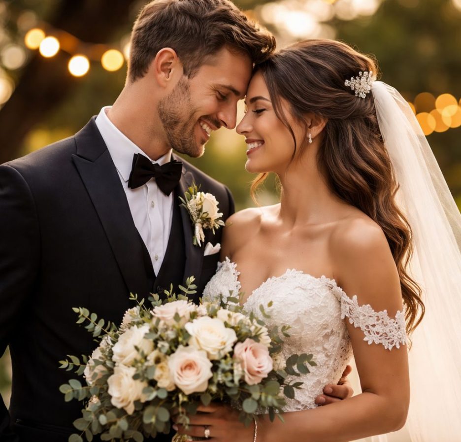 Braut und Bräutigam stehen eng beieinander im warmen Abendlicht und lächeln sich liebevoll an, während die Braut einen Blumenstrauß hält.