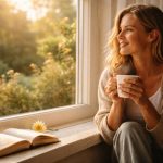 Eine Person sitzt am Morgen an einem hellen Fenster, hält eine dampfende Tasse Kaffee in beiden Händen und blickt lächelnd in einen sonnigen Garten. Warmes, goldenes Licht erfüllt den Raum, während auf dem Fensterbrett ein offenes Buch und eine einzelne Blume liegen.