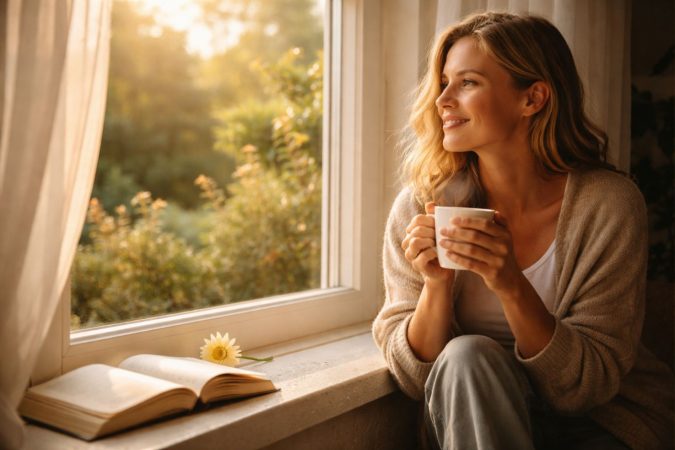 Eine Person sitzt am Morgen an einem hellen Fenster, hält eine dampfende Tasse Kaffee in beiden Händen und blickt lächelnd in einen sonnigen Garten. Warmes, goldenes Licht erfüllt den Raum, während auf dem Fensterbrett ein offenes Buch und eine einzelne Blume liegen.