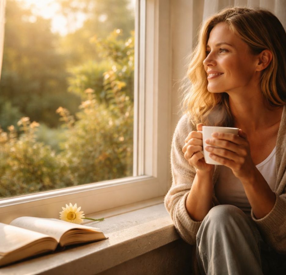 Eine Person sitzt am Morgen an einem hellen Fenster, hält eine dampfende Tasse Kaffee in beiden Händen und blickt lächelnd in einen sonnigen Garten. Warmes, goldenes Licht erfüllt den Raum, während auf dem Fensterbrett ein offenes Buch und eine einzelne Blume liegen.