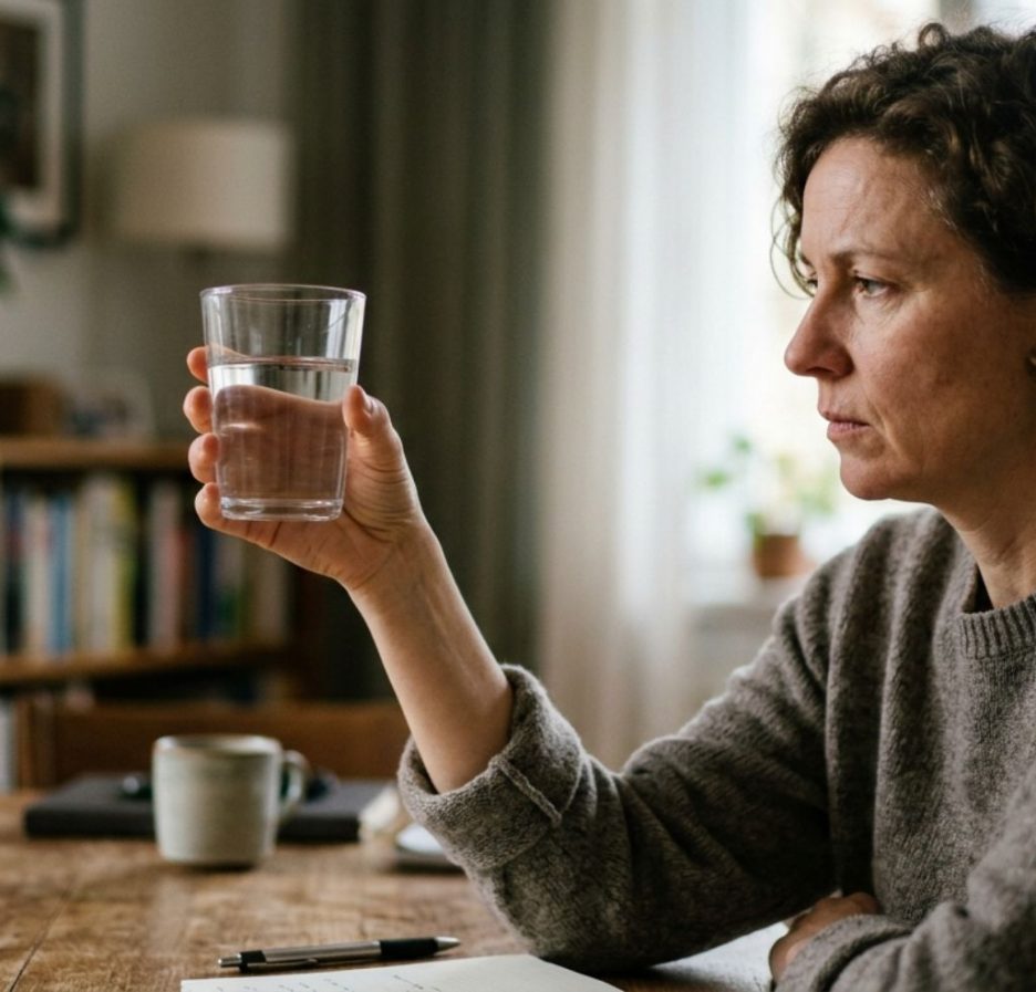 Eine Frau sitzt an einem Tisch und hält nachdenklich ein Glas Wasser in der Hand.