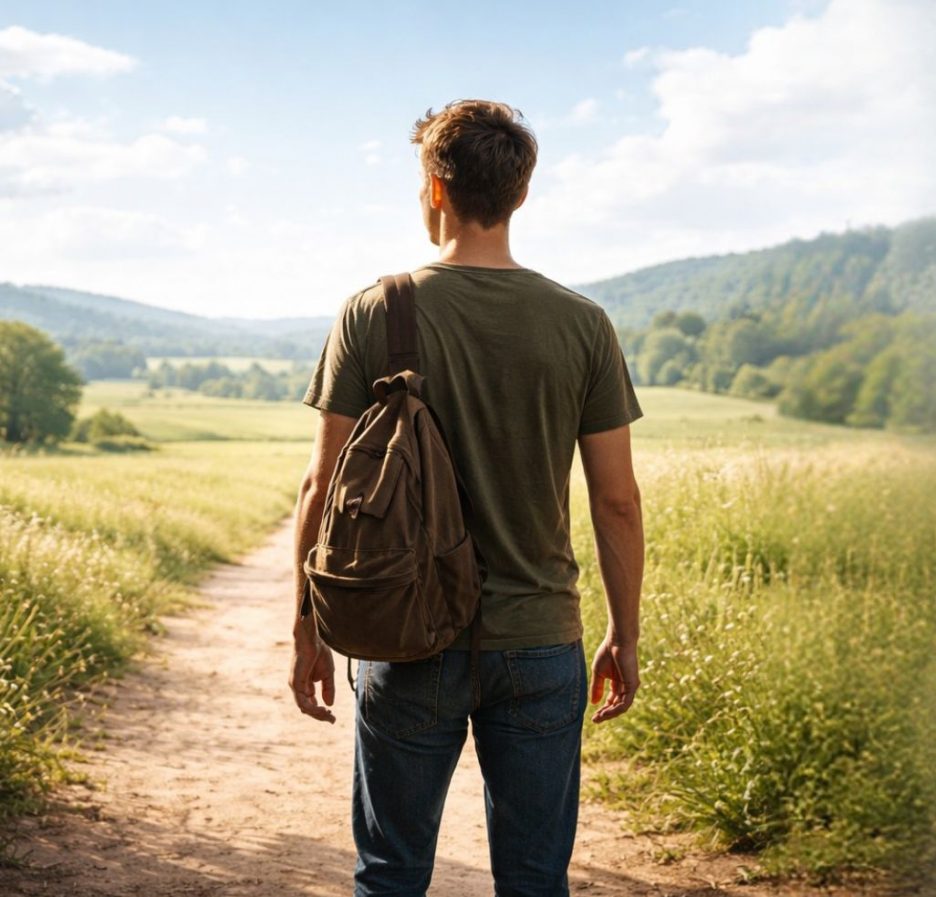 Junger Mann mit Rucksack von hinten auf einem Feldweg, umgeben von grünen Wiesen und Hügeln im Hintergrund.
