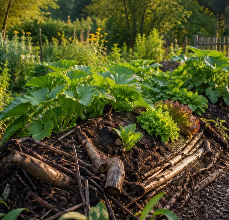 Ein mit organischem Material und Erde aufgeschichtetes Hügelbeet in einem Garten mit natürlicher Vegetation.