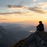 Eine einzelne Person sitzt auf einem Felsen und blickt über eine weite Berglandschaft im warmen Licht des Sonnenuntergangs.