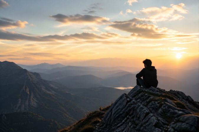 Eine einzelne Person sitzt auf einem Felsen und blickt über eine weite Berglandschaft im warmen Licht des Sonnenuntergangs.