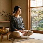 Eine Frau sitzt im Schneidersitz auf einem Kissen in einem ruhigen, hellen Raum und meditiert mit geschlossenen Augen neben einer Klangschale.