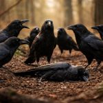 Mehrere Krähen stehen im Wald um einen toten Artgenossen und beobachten aufmerksam ihre Umgebung.