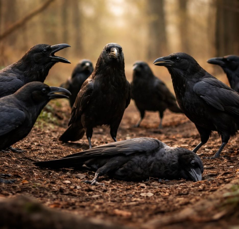 Mehrere Krähen stehen im Wald um einen toten Artgenossen und beobachten aufmerksam ihre Umgebung.