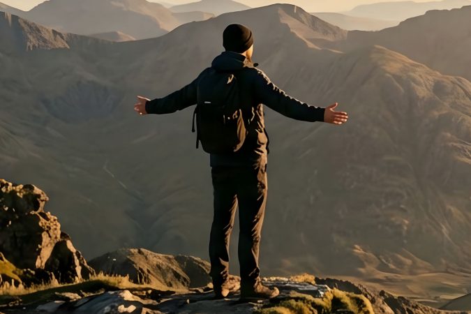 Mann mit Rucksack steht auf einem Berggipfel mit ausgebreiteten Armen und blickt über eine weite, bergige Landschaft im warmen Licht.