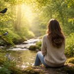 Eine Person sitzt auf einem moosbewachsenen Stein an einem kleinen Bach im Wald, umgeben von mehreren Vögeln, während warmes Sonnenlicht durch die Bäume fällt.