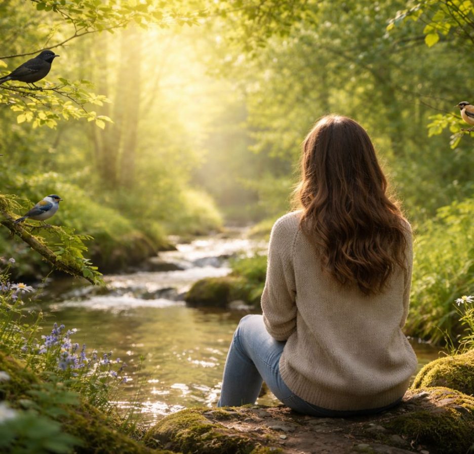 Eine Person sitzt auf einem moosbewachsenen Stein an einem kleinen Bach im Wald, umgeben von mehreren Vögeln, während warmes Sonnenlicht durch die Bäume fällt.