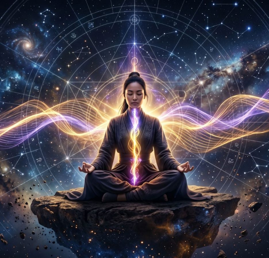 Eine Person sitzt meditierend im Schneidersitz auf einer schwebenden Felsplattform im Weltraum. Um sie herum sind Sterne, Galaxien und geometrische Muster sichtbar, während leuchtende Energiewellen durch ihren Körper fließen.