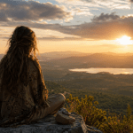 Eine nachdenkliche Person steht auf einem Hügel im warmen Licht des Sonnenuntergangs und blickt über eine weite Landschaft, während sich Himmel und Erde in ruhigen Farben verbinden.