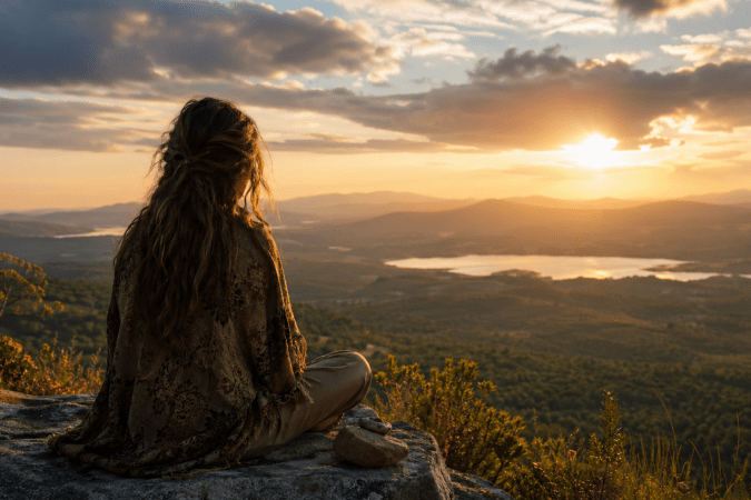 Eine nachdenkliche Person steht auf einem Hügel im warmen Licht des Sonnenuntergangs und blickt über eine weite Landschaft, während sich Himmel und Erde in ruhigen Farben verbinden.