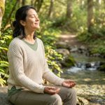 Frau sitzt entspannt auf einem Stein im Wald neben einem Bach und meditiert mit geschlossenen Augen
