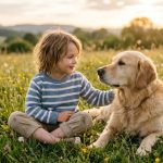 Ein kleines Kind sitzt in einer blühenden Wiese und streichelt einen Golden Retriever, während beide sich freundlich anschauen.