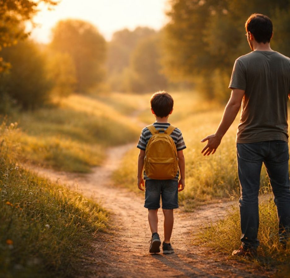 Ein Elternteil steht leicht hinter einem Kind auf einem Wegkreuz in einer sonnendurchfluteten Wiese, während das Kind neugierig nach vorne blickt und der Erwachsene mit offenen Händen loslässt.