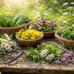 Verschiedene frische Wildkräuter und Frühlingsblumen liegen in Körben und Schalen auf einem rustikalen Holztisch im Freien, umgeben von einer sonnendurchfluteten Wiese.