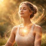 Eine ruhige Person sitzt entspannt in der Natur, während sanftes Licht ihren Körper umgibt und eine harmonische Verbindung zwischen Geist und Körper symbolisiert.