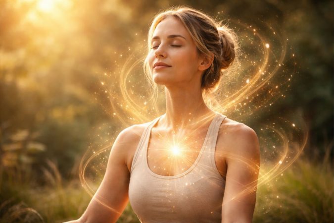 Eine ruhige Person sitzt entspannt in der Natur, während sanftes Licht ihren Körper umgibt und eine harmonische Verbindung zwischen Geist und Körper symbolisiert.