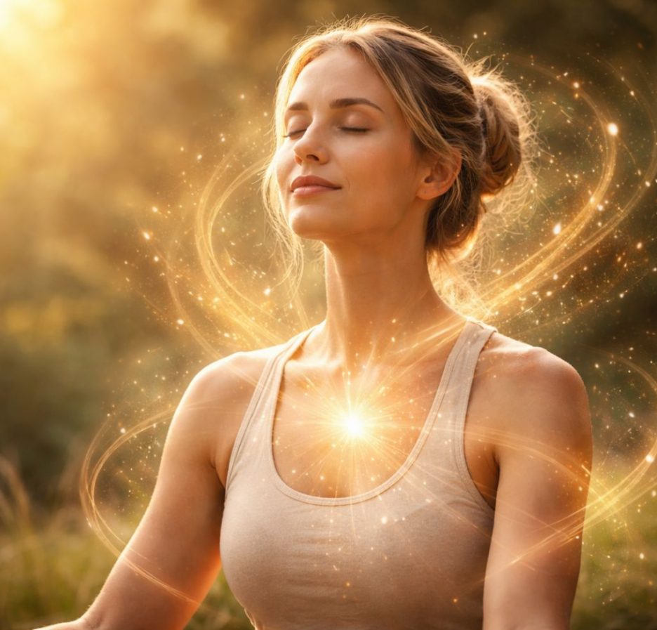 Eine ruhige Person sitzt entspannt in der Natur, während sanftes Licht ihren Körper umgibt und eine harmonische Verbindung zwischen Geist und Körper symbolisiert.