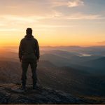 Eine einzelne Person steht im Morgengrauen auf einer Anhöhe und blickt entschlossen in die Ferne. Vor ihr öffnet sich ein weiter Weg durch eine noch unberührte Landschaft, während das erste Licht des Tages den Himmel erhellt. Die Szene vermittelt Aufbruch, Mut und die Entscheidung, trotz Unsicherheit den ersten Schritt zu gehen.