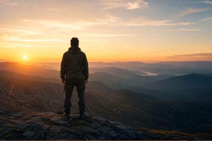 Eine einzelne Person steht im Morgengrauen auf einer Anhöhe und blickt entschlossen in die Ferne. Vor ihr öffnet sich ein weiter Weg durch eine noch unberührte Landschaft, während das erste Licht des Tages den Himmel erhellt. Die Szene vermittelt Aufbruch, Mut und die Entscheidung, trotz Unsicherheit den ersten Schritt zu gehen.