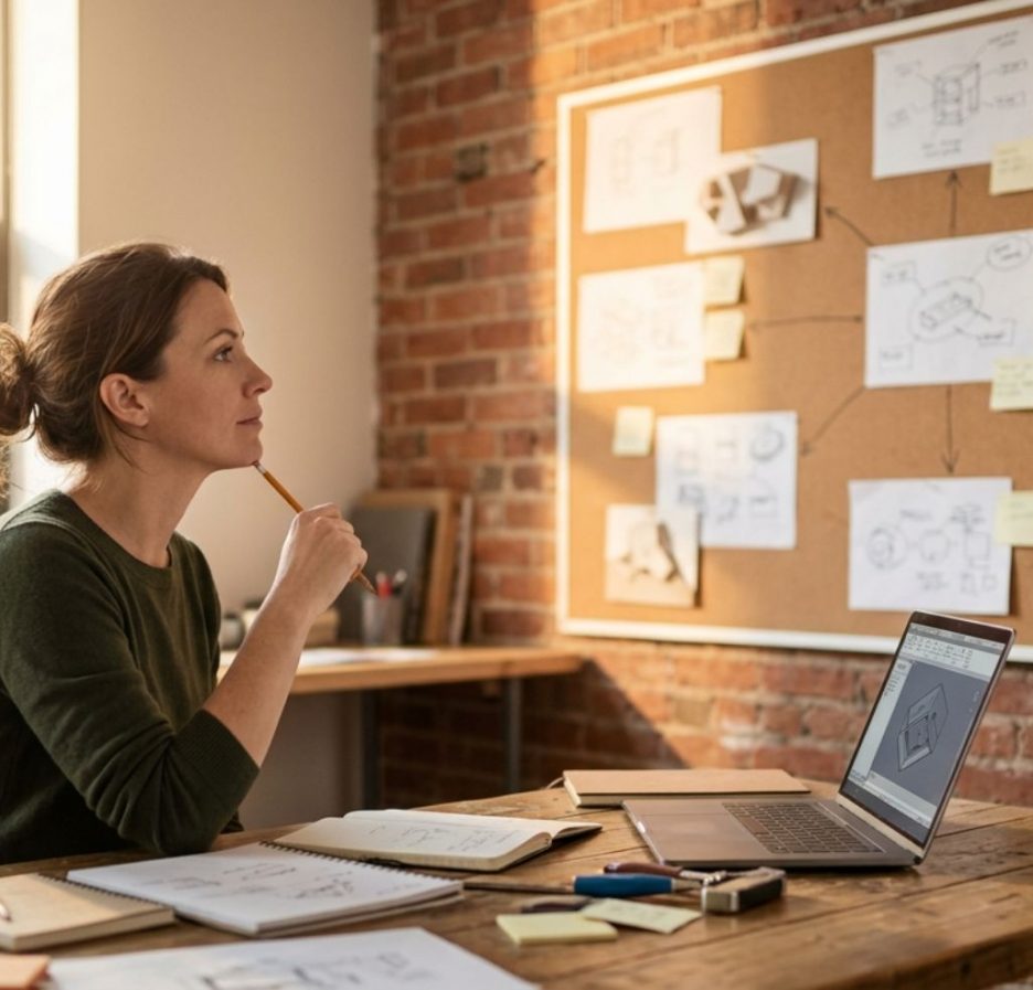 Eine Frau sitzt nachdenklich an einem Holztisch in einem modernen Büro mit Backsteinwand. Vor ihr hängen Skizzen und Diagramme an einer Pinnwand, während auf dem Laptop ein technisches Modell geöffnet ist.
