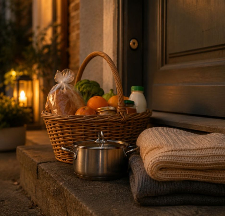Eine erschöpfte Person sitzt still in einer dunklen Wohnung, während vor der Tür eine warme Mahlzeit und ein kleiner Einkauf stehen. Die Szene wirkt ruhig, zurückhaltend und zeigt stille Unterstützung ohne Worte.
