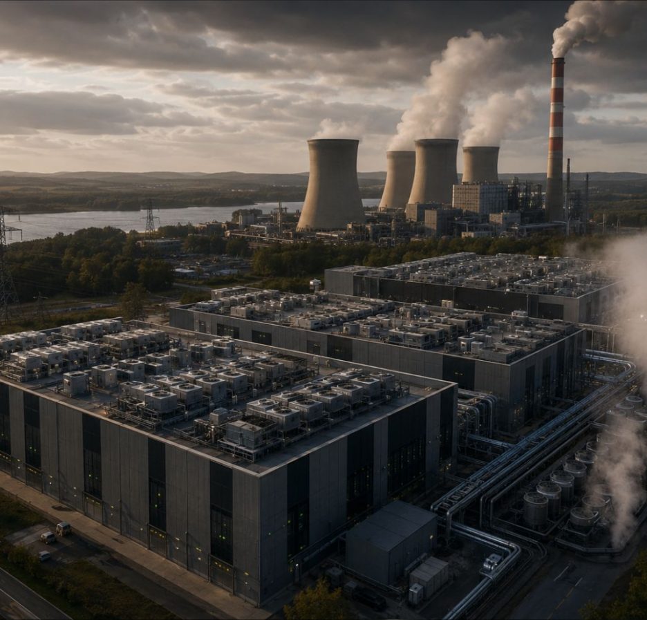 Ein riesiges modernes Rechenzentrum mit langen Reihen leuchtender Server steht in einer trockenen Landschaft. Kühltürme geben Wasserdampf ab, während Hochspannungsleitungen und ein Atomkraftwerk im Hintergrund sichtbar sind. Die Atmosphäre wirkt technisch, kühl und gleichzeitig bedrückend und verdeutlicht den enormen Ressourcenverbrauch künstlicher Intelligenz.